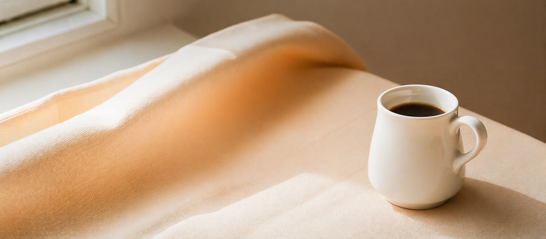 Steam rising from a ceramic cup of coffee in warm natural light