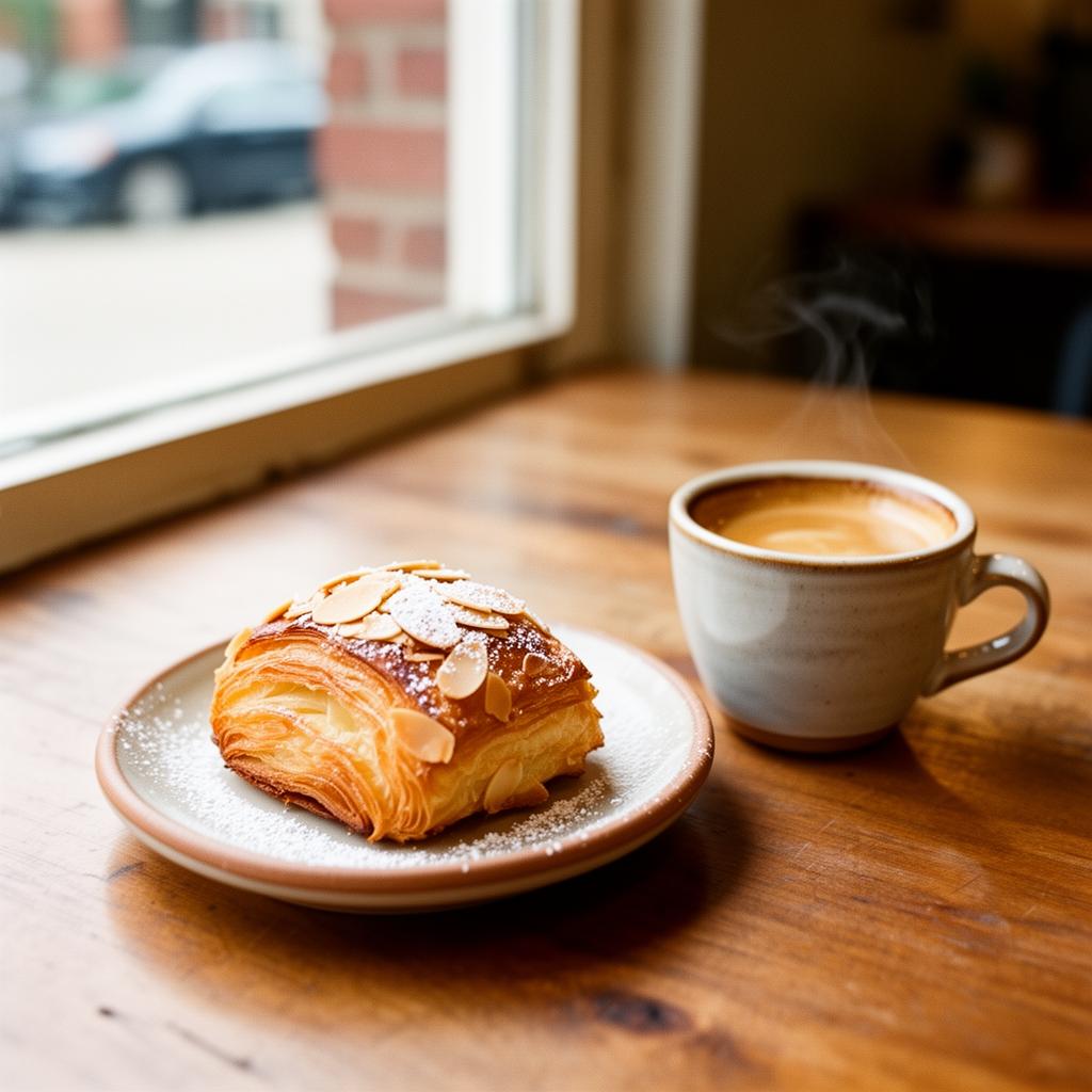 Flaky almond pastry dusted with powdered sugar beside an espresso