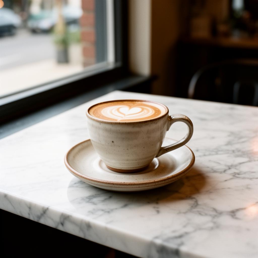 Flat white in a handmade ceramic cup on a marble cafe table